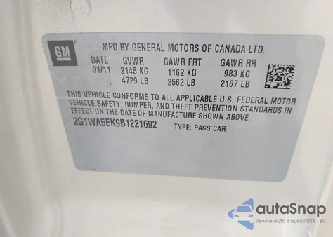 2011 Chevrolet Impala Ls from USA, damaged, VIN 2G1WA5EK9B1221692